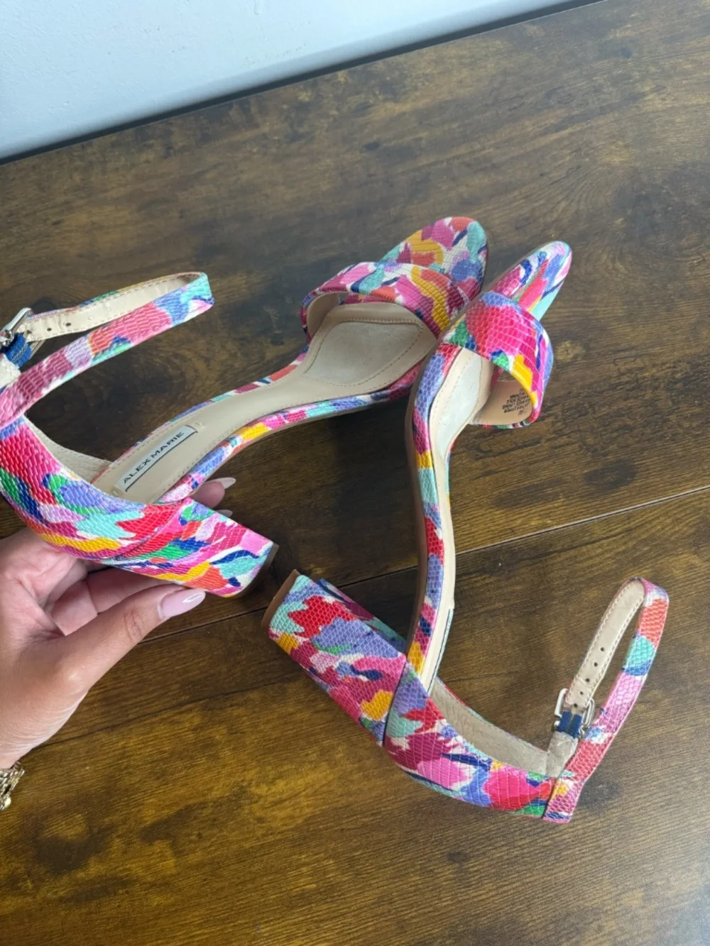 Alex Marie (7.5) sandals featuring a colorful watercolor print and a block heel